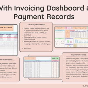 May include: A pink and white graphic with the text "With Invoicing Dashboard & Payment Records". The graphic shows a table with the heading "Clients Entries" and another table with the heading "Clients Database". The graphic also shows a table with the heading "Invoicing Dashboard" and another table with the heading "Payment Records".