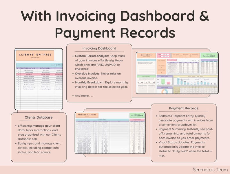 May include: A pink and white graphic with the text "With Invoicing Dashboard & Payment Records". The graphic shows a table with the heading "Clients Entries" and another table with the heading "Clients Database". The graphic also shows a table with the heading "Invoicing Dashboard" and another table with the heading "Payment Records".