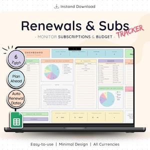 Op de afbeelding: Een laptopscherm toont een digitale tracker met de titel "Renewals & Subs" met de tekst "Monitor Subscriptions & Budget". De interface bevat grafieken, tabellen en de woorden "6 Tabs", "Plan Ahead" en "Auto Renewal Dates". Het ontwerp is minimalistisch.