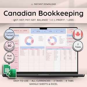 Bookkeeping Template for Canadian Tax Laws for Small Business Spreadsheet w/ Profit Tracker & Income Expense Tracker