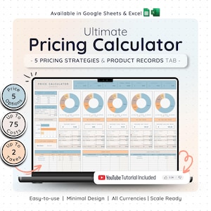 Pricing calculator for instant download, supports up to 2 taxes, 75 costs, and 5 price options. Easy-to-use spreadsheet for Google Sheets with 5 tabs, all currencies, and auto calculations, ideal for small businesses and entrepreneurs.