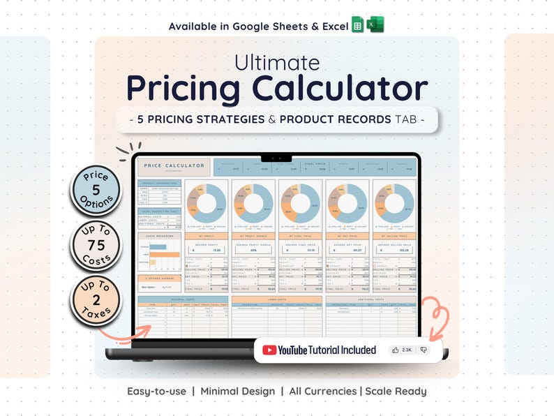Pricing calculator for instant download, supports up to 2 taxes, 75 costs, and 5 price options. Easy-to-use spreadsheet for Google Sheets with 5 tabs, all currencies, and auto calculations, ideal for small businesses and entrepreneurs.