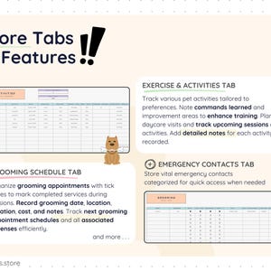 Exercise and activities tracking sheet for pets in Google Sheets, logging training sessions, commands learned, improvement notes, daycare visits, and upcoming activities. Includes grooming schedule tab to track appointments, services completed, costs, locations, and next grooming dates, plus emergency contacts database.