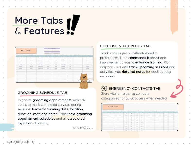 Exercise and activities tracking sheet for pets in Google Sheets, logging training sessions, commands learned, improvement notes, daycare visits, and upcoming activities. Includes grooming schedule tab to track appointments, services completed, costs, locations, and next grooming dates, plus emergency contacts database.