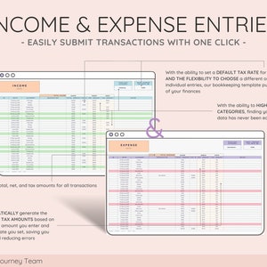 May include: A screenshot of a computer screen showing a spreadsheet template for tracking income and expenses. The template has columns for date, category, description, total amount, net amount, and tax amount. The template also includes a section for summaries of total, net, and tax amounts for all transactions. The text on the screen reads "Income & Expense Entries - Easily Submit Transactions With One Click -" and "Summaries of total, net, and tax amounts for all transactions".