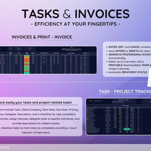 May include: Digital templates for tasks and invoices, with the text "TASKS & INVOICES - EFFICIENCY AT YOUR FINGERTIPS." The image shows a project tracker and invoice templates. Features include task tracking, invoice generation, and printable templates. The templates are designed for ease of use.