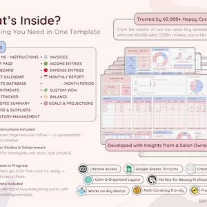 What’s Inside – Tab Overview
Explore all 18 powerful tabs included in the Beauty Boss Hub spreadsheet. From smart calendars and inventory to income, expenses, invoices, goals, and more — this all-in-one system helps beauty studios stay fully organized. Includes icons, written instructions, lifetime access, and multi-currency support.