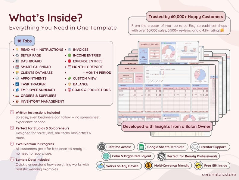 What’s Inside – Tab Overview
Explore all 18 powerful tabs included in the Beauty Boss Hub spreadsheet. From smart calendars and inventory to income, expenses, invoices, goals, and more — this all-in-one system helps beauty studios stay fully organized. Includes icons, written instructions, lifetime access, and multi-currency support.