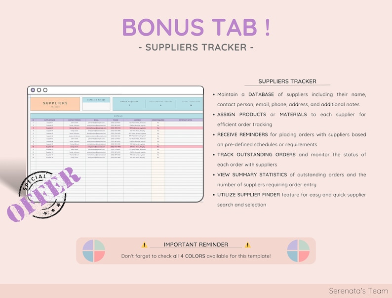 May include: A digital template with a spreadsheet layout, labeled "SUPPLIERS TRACKER." The image includes text: "BONUS TAB!" and "SPECIAL OFFER." Features include supplier database, order tracking, and reminders. The template is designed for efficient order management.