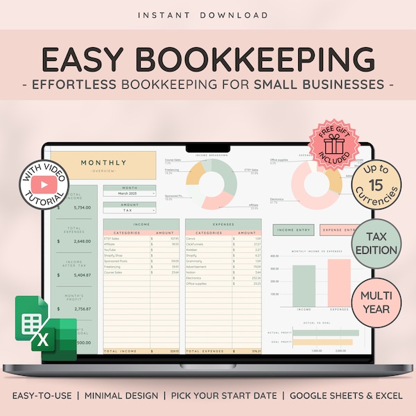 Small Business Bookkeeping Template: Easy Income and Expense Tracking | Tax Planning | Profit Calculation Spreadsheet