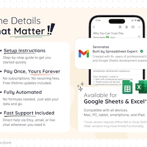 Information page highlighting setup instructions, lifetime access, fully automated calculations, Google Sheets and Excel compatibility, and fast customer support. Includes step-by-step guidance, email assistance, live chat, and works across Mac, PC, tablet, smartphone, and iPad.