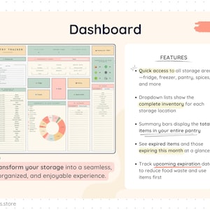 Smart Pantry dashboard view showing total items, expired items, items expiring this month, storage shortcuts, inventory charts, and category summaries. The dashboard provides a quick overview of pantry stock levels, expiration alerts, and food storage statistics in a visually organized Google Sheets layout.