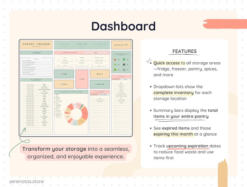 Smart Pantry dashboard view showing total items, expired items, items expiring this month, storage shortcuts, inventory charts, and category summaries. The dashboard provides a quick overview of pantry stock levels, expiration alerts, and food storage statistics in a visually organized Google Sheets layout.