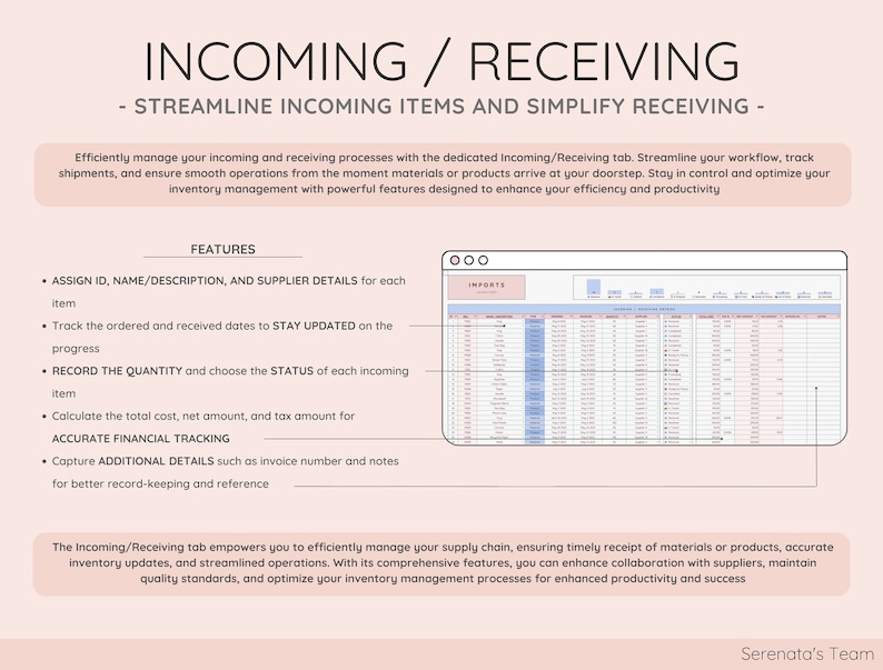 May include: A digital document titled "INCOMING / RECEIVING" with a light pink background. The document outlines features for managing incoming items, including assigning IDs, tracking dates, recording quantities, and calculating costs. The document also includes a spreadsheet.