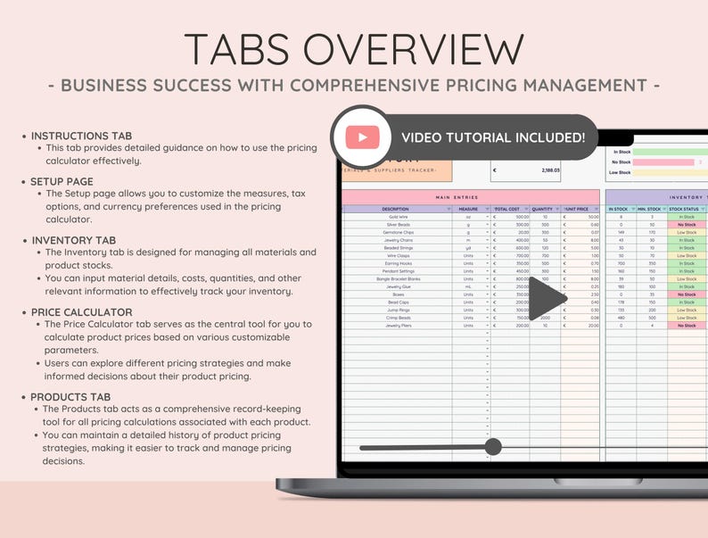 Comprehensive pricing management for business success. Discover the Setup, Instructions, Inventory, Price Calculator, and Products tabs, each equipped with efficient tools and features for optimal pricing management.