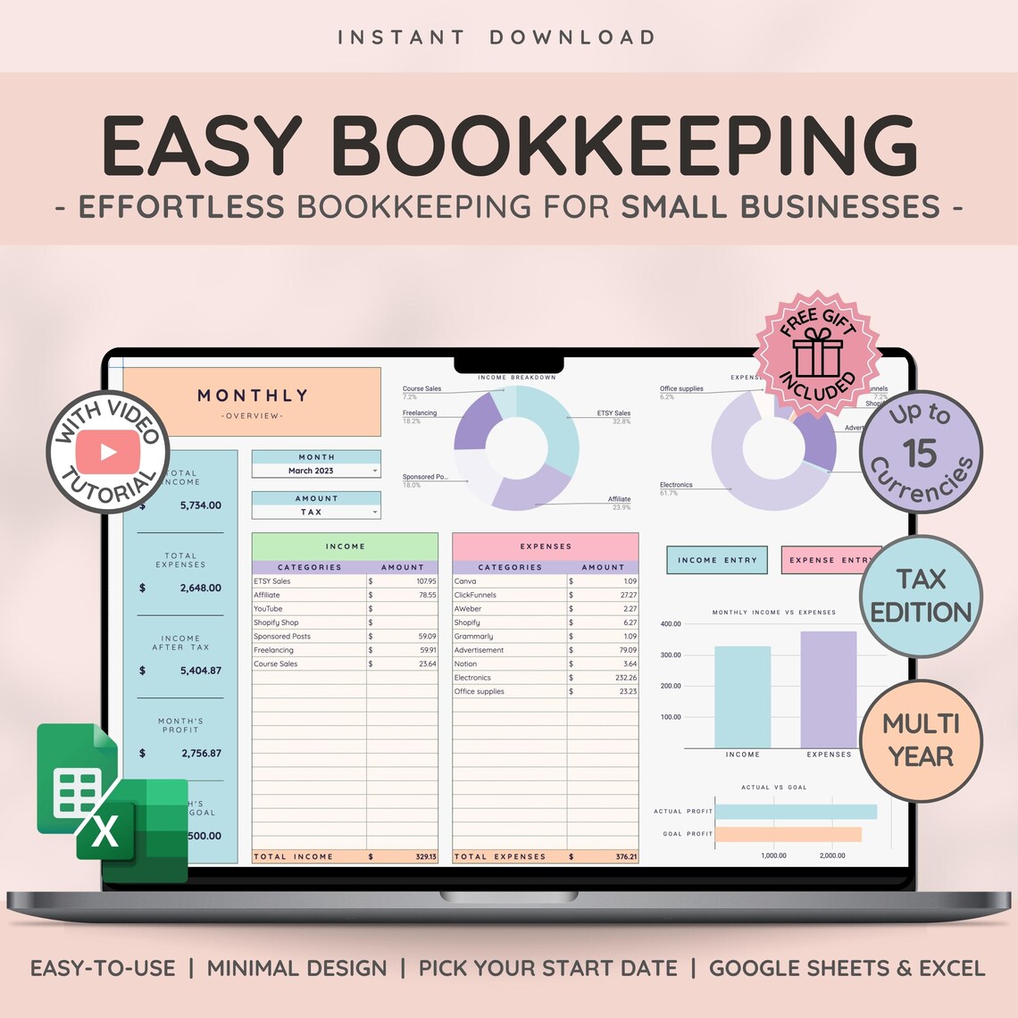 Bookkeeping Session Plan Easy Bookkeeping Template Google Sheets Excel Small Business Accounting ...