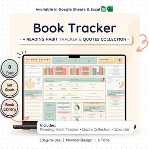Book Log Tracker Google Sheets Excel Reading Journal Spreadsheet Template Digital Library Planner Review Organizer Bookshelf Reading
