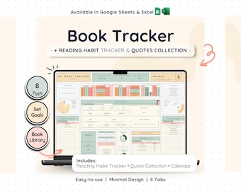 Book Log Tracker Google Sheets Excel Reading Journal Spreadsheet Template Digital Library Planner Review Organizer Bookshelf Reading