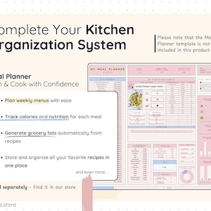 Smart Pantry shown as part of a complete kitchen organization system, alongside a separate meal planner template. Highlights how pantry tracking supports meal planning, recipe organization, grocery list generation, and overall kitchen efficiency. Meal planner not included in this product.