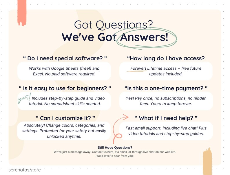 FAQ page for a Google Sheets and Excel task management spreadsheet answering common questions about software compatibility, lifetime access, beginner-friendly setup, one-time payment, customization options, and customer support with video tutorials, email assistance, and live chat.