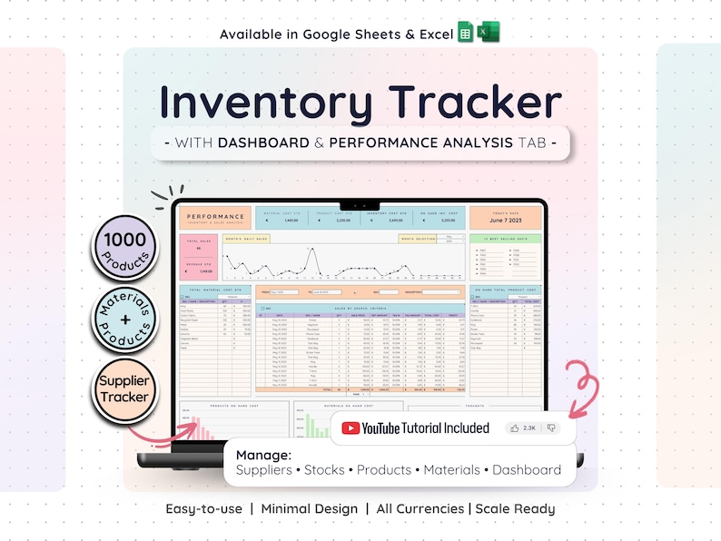 May include: A laptop screen shows an "Inventory Tracker" spreadsheet with a dashboard and performance analysis tab. The screen displays data charts and tables. The image includes the text "Available in Google Sheets & Excel" and "YouTube Tutorial Included."