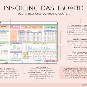 Gain valuable insights in the Dashboard, featuring financial data visualizations, overdue invoice alerts, client summaries, and payment method statistics for comprehensive financial management.