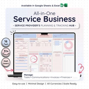 Puede incluir: Una pantalla de portátil muestra un centro de planificación y seguimiento de negocios de servicios. El texto dice "All-in-One Service Business" con 16 pestañas y más de 31 funciones. El panel gestiona tareas, comunicaciones, facturas y finanzas. Diseño minimalista y fácil de usar.