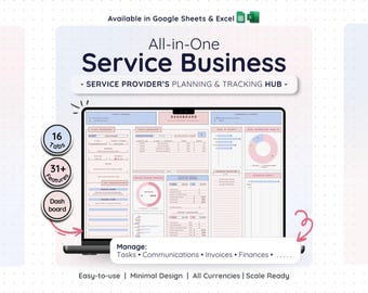 Può includere: Uno schermo di un laptop mostra un hub di pianificazione e monitoraggio aziendale. Il testo recita "All-in-One Service Business" con 16 schede e oltre 31 funzionalità. La dashboard gestisce attività, comunicazioni, fatture e finanze. Design minimalista e facile da usare.