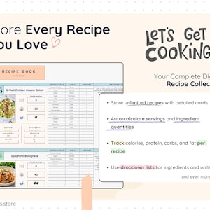 Digital recipe book layout showing detailed recipe cards with images, ingredients, units, quantities, preparation steps, servings, and nutrition values. Includes automatic ingredient calculations, dropdown lists for easy data entry, and tracking for calories, protein, carbs, and fat per recipe in a clean, organized format.
