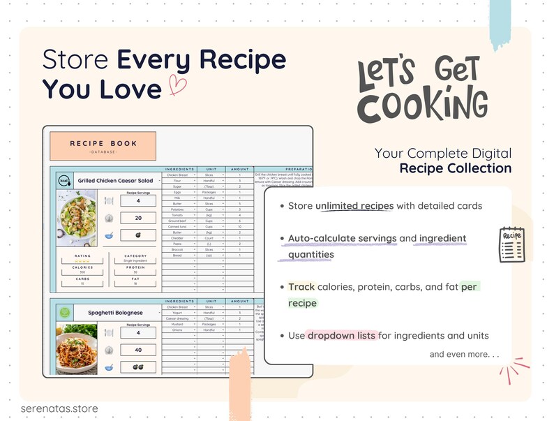 Digital recipe book layout showing detailed recipe cards with images, ingredients, units, quantities, preparation steps, servings, and nutrition values. Includes automatic ingredient calculations, dropdown lists for easy data entry, and tracking for calories, protein, carbs, and fat per recipe in a clean, organized format.