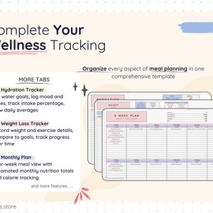 Wellness tracking section showing additional tabs such as hydration tracker, weight loss tracker, and monthly meal plan. Includes water intake goals, weight tracking, progress monitoring, and four-week meal views with automated calorie and nutrition totals, supporting complete wellness and meal planning organization.
