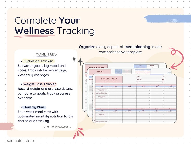 Wellness tracking section showing additional tabs such as hydration tracker, weight loss tracker, and monthly meal plan. Includes water intake goals, weight tracking, progress monitoring, and four-week meal views with automated calorie and nutrition totals, supporting complete wellness and meal planning organization.