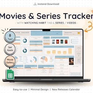 Puede incluir: Un ordenador portátil que muestra un rastreador digital de películas y series. La pantalla muestra un diseño de hoja de cálculo con secciones para rastrear películas y series, incluyendo un rastreador de programas, establecer metas y una galería de películas. El texto en la pantalla incluye "8 pestañas", "Establecer metas" y "Galería de películas".