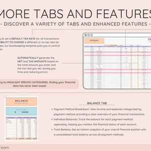 May include: A screenshot of a computer screen showing a spreadsheet with the title "Expense". The spreadsheet has columns for date, description, amount, and category. The spreadsheet is part of a bookkeeping template that allows users to set a default tax rate, automatically generate net and tax amounts, and highlight specific categories.