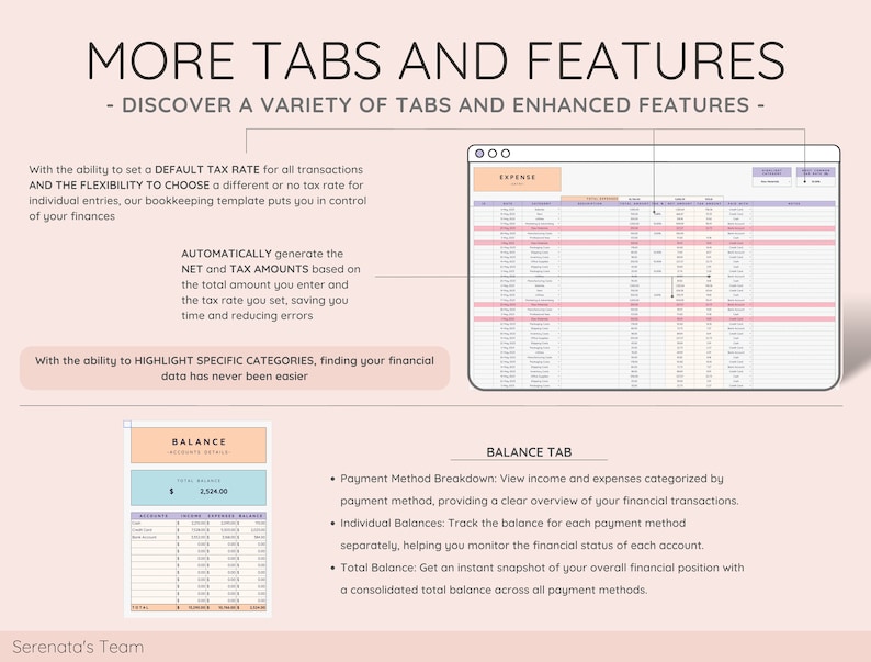 May include: A screenshot of a computer screen showing a spreadsheet with the title "Expense". The spreadsheet has columns for date, description, amount, and category. The spreadsheet is part of a bookkeeping template that allows users to set a default tax rate, automatically generate net and tax amounts, and highlight specific categories.
