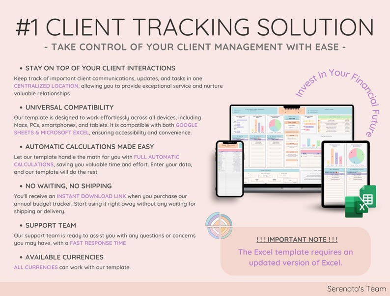 May include: A digital marketing graphic with the text "#1 CLIENT TRACKING SOLUTION" and "TAKE CONTROL OF YOUR CLIENT MANAGEMENT WITH EASE". The image shows a laptop, tablet, and phone displaying charts and graphs. The text also mentions Excel compatibility.