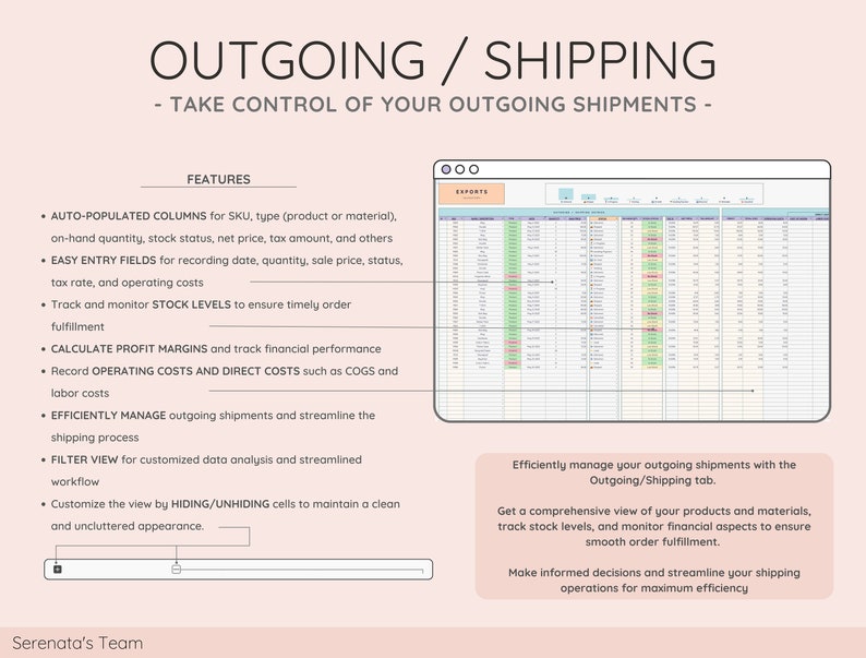 May include: A digital spreadsheet interface with the title "OUTGOING / SHIPPING" and the tagline "TAKE CONTROL OF YOUR OUTGOING SHIPMENTS." Features include auto-populated columns, easy entry fields, stock level tracking, and profit margin calculation.