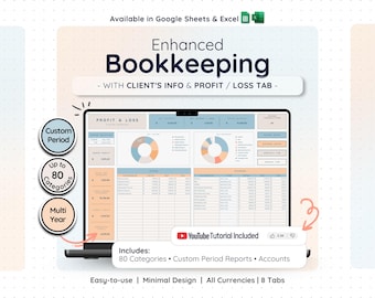 Bookkeeping Spreadsheet Google Sheets Excel Small Business Profit Loss Sales Tracker Client Manager Planner Income Expense Financial