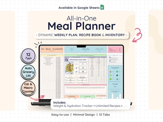 Meal Planner Google Sheets – Weekly Menu Planner Grocery List Spreadsheet (Rainbow)