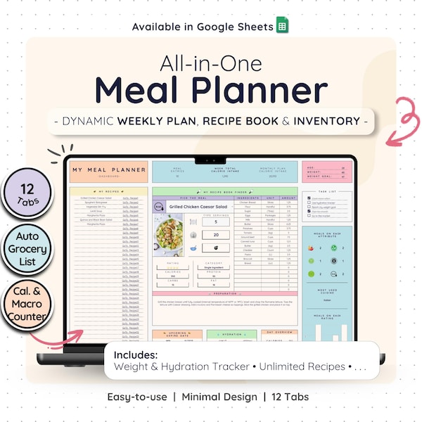 Meal Planner Google Sheets – Weekly Menu Planner Grocery List Spreadsheet (Rainbow)