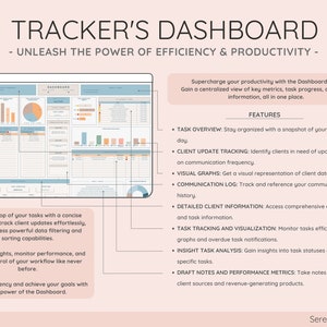 May include: A digital dashboard interface with the text "TRACKER'S DASHBOARD" and "- UNLEASH THE POWER OF EFFICIENCY & PRODUCTIVITY -". The interface displays charts, graphs, and data visualizations, with feature descriptions like "Task Overview" and "Visual Graphs".
