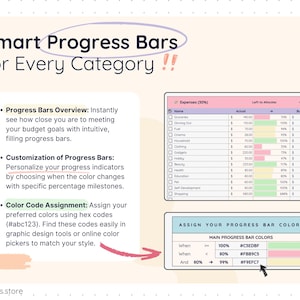 Expense table with multicolored progress bars showing how much of the budget is used for each category. A small reference chart explains how to assign custom colors using hex codes. Text highlights progress bar customization.