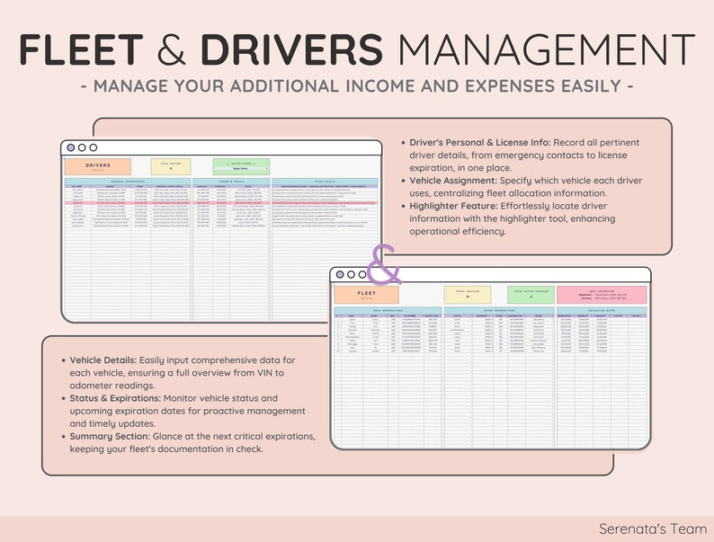 May include: A digital spreadsheet template titled FLEET & DRIVERS MANAGEMENT with two window views showing columns for driver and vehicle data. Text boxes detail features like driver personal info, vehicle assignment, and status tracking.