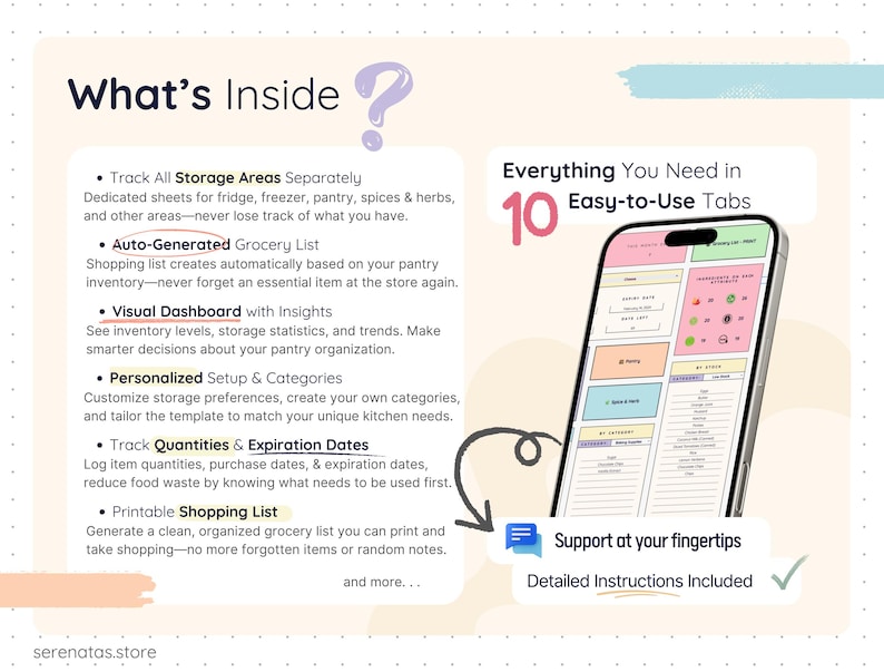 Overview of what’s included in the Smart Pantry spreadsheet template, listing features such as separate tracking for all storage areas, auto-generated grocery list, visual dashboard insights, customizable categories, quantity and expiration date tracking, and printable shopping lists, all presented in a clean and beginner-friendly layout.