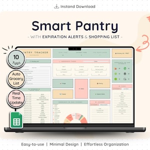 May include: A laptop screen displays a "Smart Pantry" dashboard with a minimalist design. The interface includes sections for expiration alerts, a shopping list, and 10 tabs. The design is easy-to-use and offers real-time updates.
