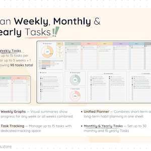 Habit planner spreadsheet combining weekly, monthly, and yearly planning in one Google Sheets template. Track up to 90 weekly tasks, 30 monthly habits, and 15 yearly goals with built-in progress charts, checklists, and visual summaries for long-term habit planning.