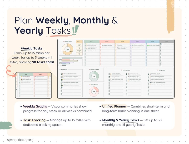 Habit planner spreadsheet combining weekly, monthly, and yearly planning in one Google Sheets template. Track up to 90 weekly tasks, 30 monthly habits, and 15 yearly goals with built-in progress charts, checklists, and visual summaries for long-term habit planning.