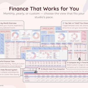 Finance Views – Monthly, Yearly & Custom
Review and compare your business performance with three finance views: monthly reports, 12-month summaries, and a custom view. Switch between them easily to track income, expenses, inventory, and profit margins — with tax settings and smart collapse/expand systems for clarity.