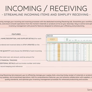 Puede incluir: Gr&aacute;fico digital con el t&iacute;tulo "INCOMING / RECEIVING" y un subt&iacute;tulo. La imagen destaca las funciones para la gesti&oacute;n de inventario, incluyendo la asignaci&oacute;n de IDs, el seguimiento de fechas, el registro de cantidades y el c&aacute;lculo de costos. Se muestra una hoja de c&aacute;lculo.