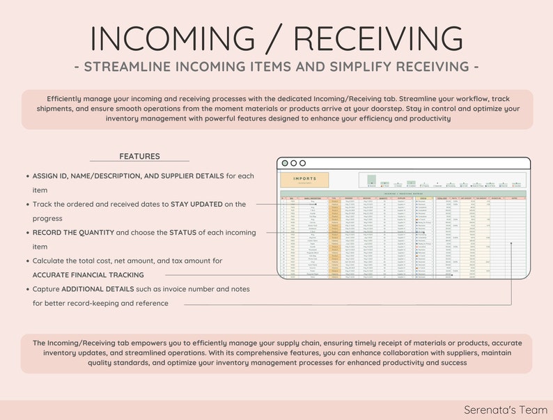 Puede incluir: Gr&aacute;fico digital con el t&iacute;tulo "INCOMING / RECEIVING" y un subt&iacute;tulo. La imagen destaca las funciones para la gesti&oacute;n de inventario, incluyendo la asignaci&oacute;n de IDs, el seguimiento de fechas, el registro de cantidades y el c&aacute;lculo de costos. Se muestra una hoja de c&aacute;lculo.